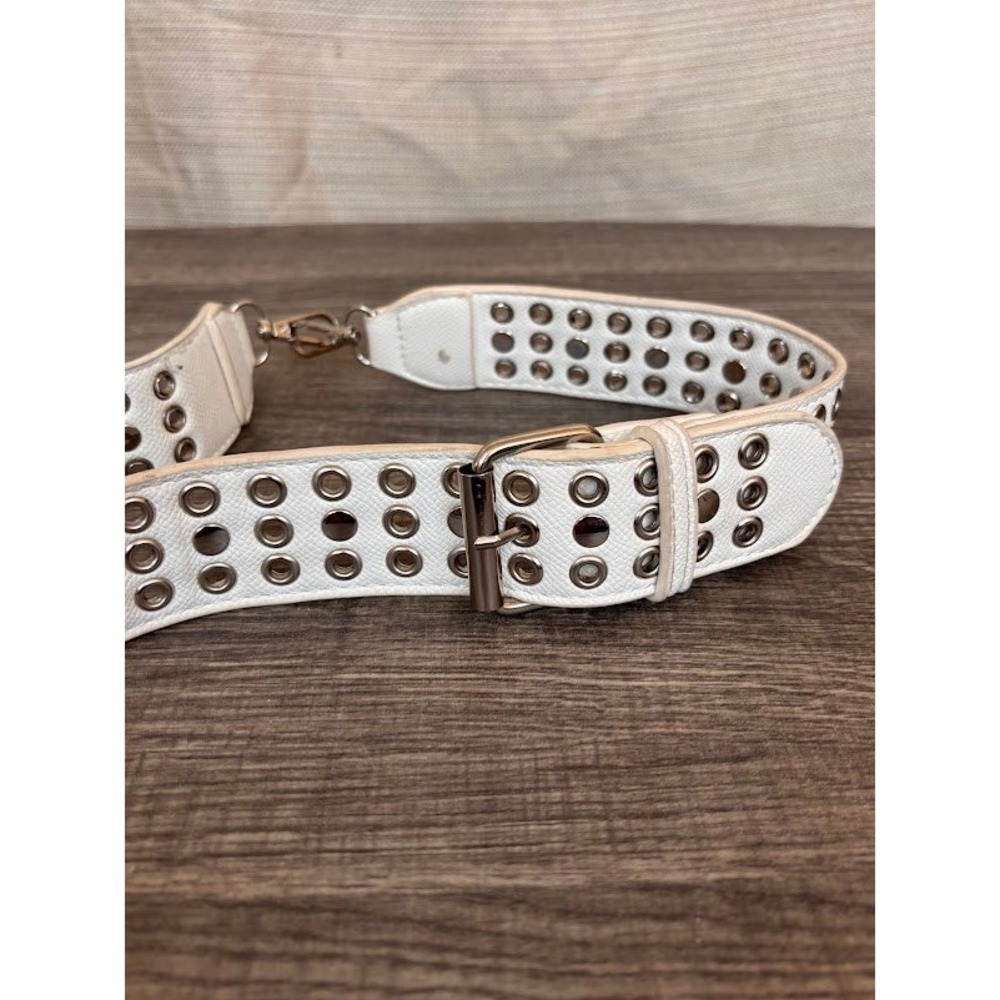 White Leather Triple Grommet Crossbody Bag Strap Silver Hardware‎ Edgy Punk